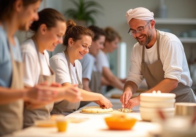 A group of cheerful people participating in a baking workshop at Orchid Oven.
