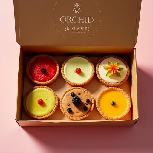 A branded box from Orchid Oven filled with six different colorful tarts.
