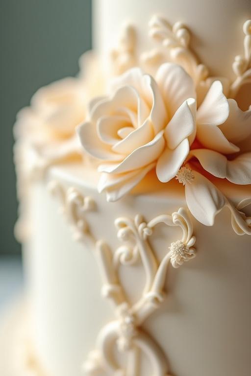 Detailed shot of an intricate wedding cake with sugar flowers.